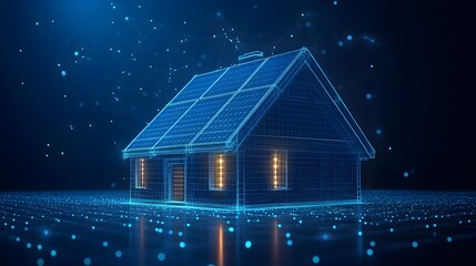 Fototapete - Digital wireframe house emitting a warm glow, nestled in a networked, blue environment. Modern smart home concept illustrated with Abstract Digital low-poly wireframe connected dots in dark blue.
