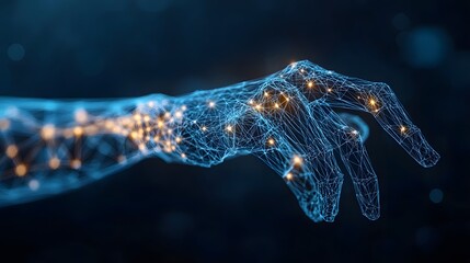 Leinwandbilder - Futuristic depiction of a human arm and hand, shown as a blue wireframe with glowing orange nodes. Abstract Digital low-poly wireframe connected dots in dark blue