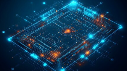 Aufkleber - Futuristic holographic basketball court with glowing blue and orange lines against a dark blue backdrop, creating a modern and sci-fi aesthetic. Abstract Digital low-poly wireframe connected