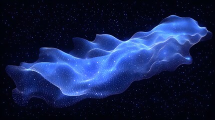 Poster - Ethereal blue mesh undulates against a starlit expanse. A digital soundscape visual with depth and perspective. Abstract Digital low-poly wireframe connected dots in dark blue