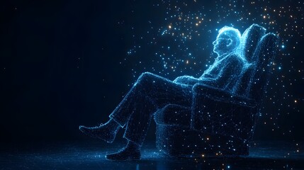 Leinwandbilder - Futuristic digital art showcasing a person relaxing in a wireframe armchair. Luminescent blue figure contrasts against the dark backdrop. Abstract Digital low-poly wireframe connected