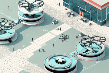 Leinwandbilder - Futuristic Isometric Airport Features Autonomous Drones and Hub Stations for Passenger Transport and Cargo Delivery Generative AI