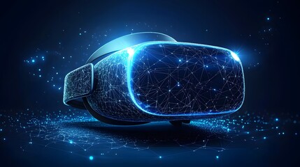Poster - Futuristic VR headset design, luminous blue lines against a dark blue backdrop create an immersive digital experience. Abstract Digital low-poly wireframe connected dots in dark blue