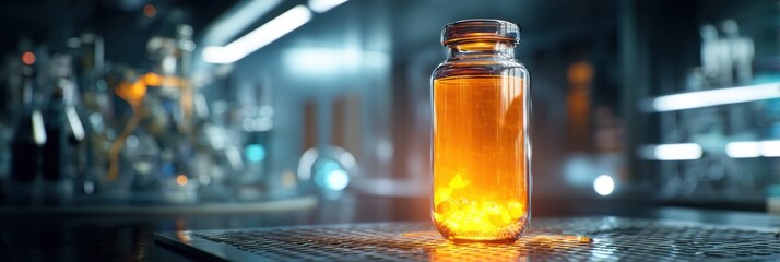 Poster - Medicine Bottle Emits Glow in Advanced Sterile Environment Showcasing Innovative Technology Generative AI