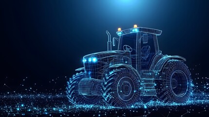 Fototapete - Futuristic tractor, its wireframe gleaming in blue. Headlights shine bright against the dark backdrop, evoking a sense of technological advancement. Abstract Digital low-poly wireframe connected
