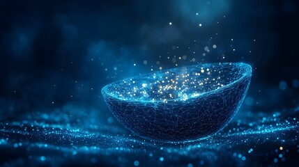Aufkleber - A mesmerizing display of glowing particles nestled within a blue wireframe bowl, set against a cosmic backdrop. Abstract Digital low-poly wireframe connected dots in dark blue.