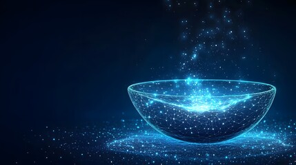 Poster - Luminous blue sphere pulsates with digital energy. Sparkling particles dance around it, set against a deep blue canvas. Abstract Digital low-poly wireframe connected dots in dark blue