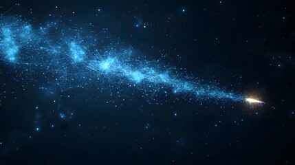 Poster - Vibrant blue data network soars through a starry night. Interconnected nodes create a digital spectacle. Abstract Digital low-poly wireframe connected dots in dark blue