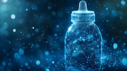 Poster - Modern digital dropper bottle composed of blue lines and dots against a bokeh background, evoking innovation and science. Abstract Digital low-poly wireframe connected dots in dark blue