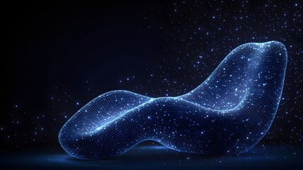 Aufkleber - Stylized lounge chair sculpture glows with blue grid and bright dots on a dark, reflective surface against a starry, navy backdrop. Abstract Digital low-poly wireframe connected dots in dark blue