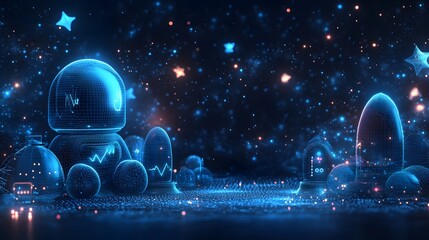 Aufkleber - Futuristic digital landscape with glowing wireframe robots, spheres, and towers against a starry night sky. A scene bathed in blue light, creating a digital rendering. Abstract Digital low-poly