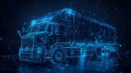 Leinwandbilder - A luminous blue wireframe truck and trailer model, set in a virtual environment. The grid-like structure and glowing dots create a digital, modern feel. Abstract Digital low-poly wireframe connected