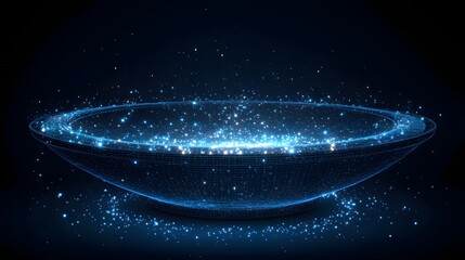 Poster - Futuristic bowl glows, filled with bright particles against dark blue. Cosmic tech with ethereal light, captivating and modern. Abstract Digital low-poly wireframe connected dots in dark blue