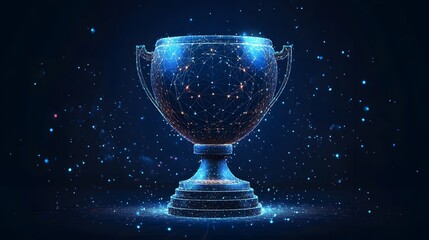 Aufkleber - Futuristic trophy shimmers, celebrating digital triumph. Lines of light converge, forming a symbol of achievement. Abstract Digital low-poly wireframe connected dots in dark blue