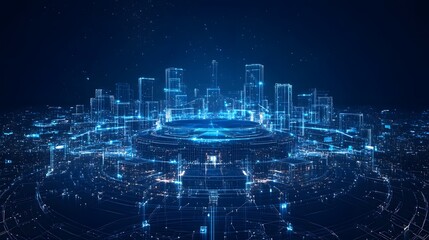 Leinwandbilder - Futuristic cityscape glows with digital lines and platforms. Connected by intricate networks under a starry sky, embodying innovation and advanced technology. Abstract Digital low-poly wireframe