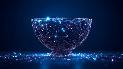 Leinwandbilder - A futuristic, translucent blue bowl, crafted from a network of interconnected lines and nodes, rests on a reflective, glittering surface. Abstract Digital low-poly wireframe connected dots