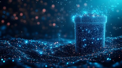 Aufkleber - Digital domain's glow, a cybernetic spill, data stream's dream. Abstract Digital low-poly wireframe connected dots in dark blue.