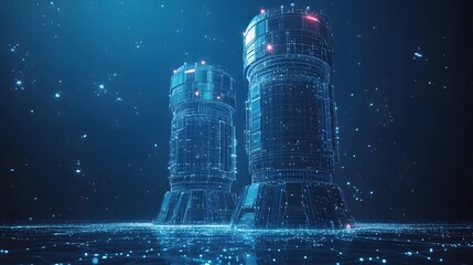 Poster - Futuristic towers glow with red lights, standing tall on a digital plane. Wireframe design creates a high-tech, ethereal atmosphere. Abstract Digital low-poly wireframe connected dots in dark blue
