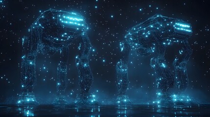 Fototapete - Futuristic, glowing AT-AT-like walkers, constructed from blue lines and points of light, stand on a reflective surface against a dark, speckled background. Abstract Digital low-poly wireframe 