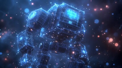 Aufkleber - Futuristic blue wireframe robot glows against a dark, bokeh-lit backdrop. Digital art showcasing advanced tech and vibrant light interplay. Abstract Digital low-poly wireframe connected