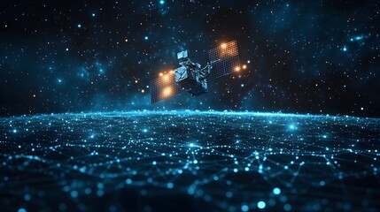 Aufkleber - Satellite amidst a star-filled sky, showcasing a digital network. Conceptual image with a technological and cosmic theme. Abstract Digital low-poly wireframe connected dots in dark blue