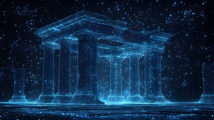 Aufkleber - Futuristic temple design merging classical architecture and digital aesthetics. Abstract Digital low-poly wireframe connected dots in dark blue.