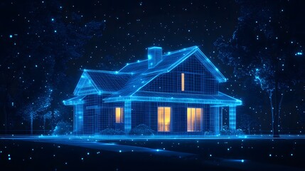 Poster - A futuristic house glows with inviting light, its blue wireframe structure contrasting with the starlit yard. A technologically advanced rendering. Abstract Digital low-poly wireframe connected