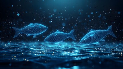 Poster - Three blue wireframe fish swim above a wavy blue surface in a digital sea of light points. A futuristic and calming scene. Abstract Digital low-poly wireframe connected dots in dark blue.