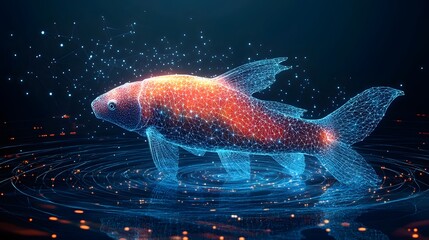 Aufkleber - Futuristic fish design, blending warm and cool colors. Wireframe mesh and glowing networks create a technological and ethereal aquatic scene. Abstract Digital low-poly wireframe connected