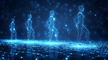 Aufkleber - Ethereal figures glow, creating a futuristic spectacle. Mesmerizing digital silhouettes dance in the dark. Abstract Digital low-poly wireframe connected dots in dark blue