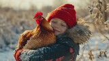 Winter's Embrace A Child's Tender Moment with a Chicken in Snowy Landscape of Affection and Warmth