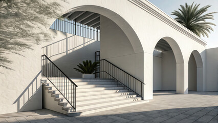 Poster - Minimal style mockup of architectural building features white arches, stairs, and railings, with palm trees and clear sky. serene setting highlights modern design elements