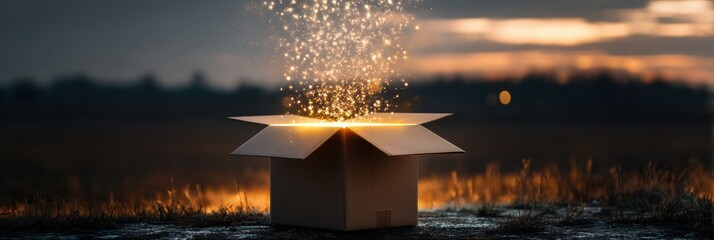 Poster - Cardboard Box Emitting Magical Light at Dusk in an Open Field With Glowing Particles Filling the Air Generative AI