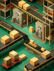 Fototapete - Isometric View of a Busy Warehouse With Conveyor Belts Transporting Packages Efficiently Throughout the Space Generative AI