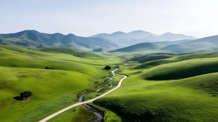 Aufkleber - Lush green hills are beautifully illuminated during golden hour, with a gently curving river flowing through the expansive landscape and open space on the right
