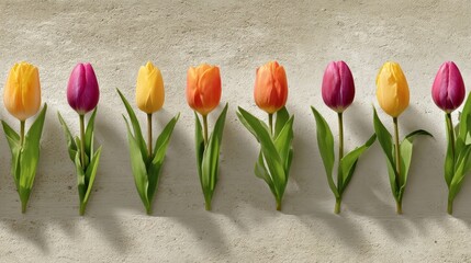 Poster - Stylized tulips arranged in a striking flat-lay display, featuring vibrant hues and geometric blocks on a lightly textured surface, with ample copy space available