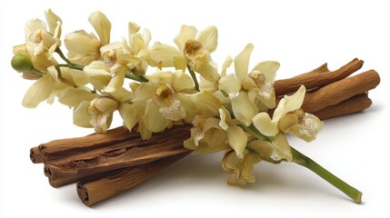 Aufkleber - Close-up arrangement of elegant orchid blossoms alongside dried cinnamon sticks on a white background, perfect for exotic and aromatic themes