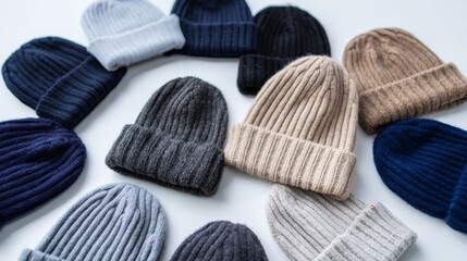 Aufkleber - A stylish arrangement of navy and gray beanies on a smooth white background showcases modern accessories with plenty of copy space