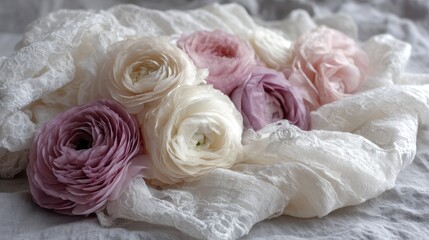 Aufkleber - Close-up of an elegant flower arrangement featuring cream and blush blooms against a textured canvas, providing a lovely romantic backdrop with copy space