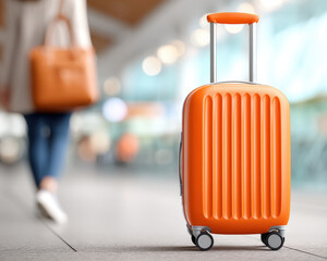Wall Mural - Vibrant orange suitcase stands prominently terminal as traveler walks by, ready for their journey and holiday adventure with mobile phone hand