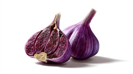 Aufkleber - A vibrant purple garlic bulb is halved to show its rich cloves, isolated on a clean white background with ample space for text on the left side of the composition