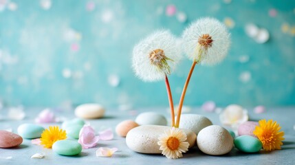 Poster - Close-up view of dandelion seed heads nestled between vibrant wildflowers and soft pastel pebbles, creating a whimsical atmosphere filled with spring light