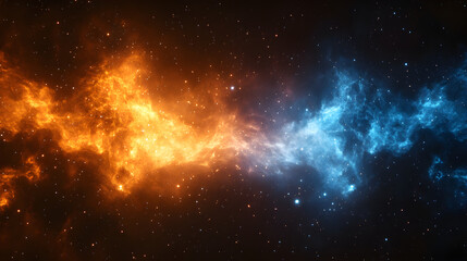 orange and blue colored nebula glowing against black space background, hd realistic