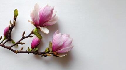 Poster - Close-up view of delicate magnolia flowers with soft pink petals displayed on a white canvas, creating an elegant and serene atmosphere with ample copy space