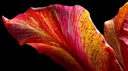 Poster - Close-up view of a vividly patterned flower, featuring striking red, yellow, and green colors against a deep black backdrop, allowing for creative text placement