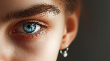 Aufkleber - Close-up of a vivid blue eye with a focused expression, framed by soft lighting. Natural elements highlight the captivating detail and depth of the gaze