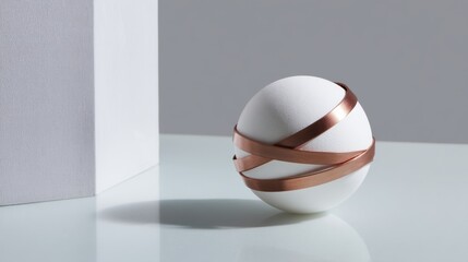 Fototapete - A matte white orb with a copper ring design rests on a smooth gray surface, featuring a clean aesthetic and space for additional text or graphics