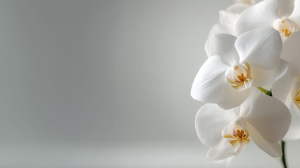 Leinwandbilder - Close-up of a single orchid stem featuring exquisite white blooms against a bright white background, emphasizing grace and simplicity with ample copy space