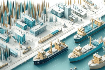 Poster - Isometric Harbor Showcasing Halted Cargo Ships in a Clean, Corporate Setting During the Daytime Generative AI