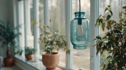 Poster - Soft light from a rustic teal glass pendant lamp highlights a cozy indoor garden filled with vibrant plants, creating a warm and inviting atmosphere